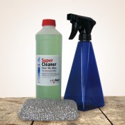 Reinigungsset klein: HARell Bio Cleaner Universalreiniger 500 ml, Sprühflasche blau und Spezialschwamm