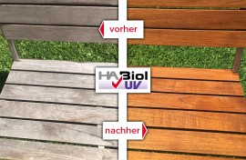Holz Reininigungs- und Pflegeset (für Innen und Außen): HABiol UV Holzpflegeöl, 1l HABiol Profigrundreiniger, Schleifklotz, Schwamm gold und Ölsaugtücher