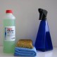 Reinigungsset groß blau: HARell Bio-Cleaner Universalreiniger 500 ml  inkl. großes Mikrofasertuch, Spezialschwamm und Sprühflasche blau